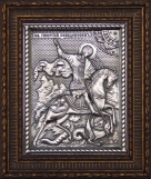 Икона из серебра, Георгий Победоносец, резная деревянная рамка