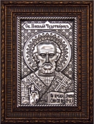 Икона из серебра, Николай Чудотворец, резная деревянная рамка