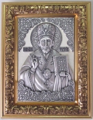 Икона из серебра, Николай Чудотворец, в золотом багете
